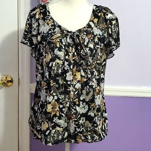 Notations 90s Vibes Black Floral Bell Flutter Sleeve Modest Flowy Blouson Top L